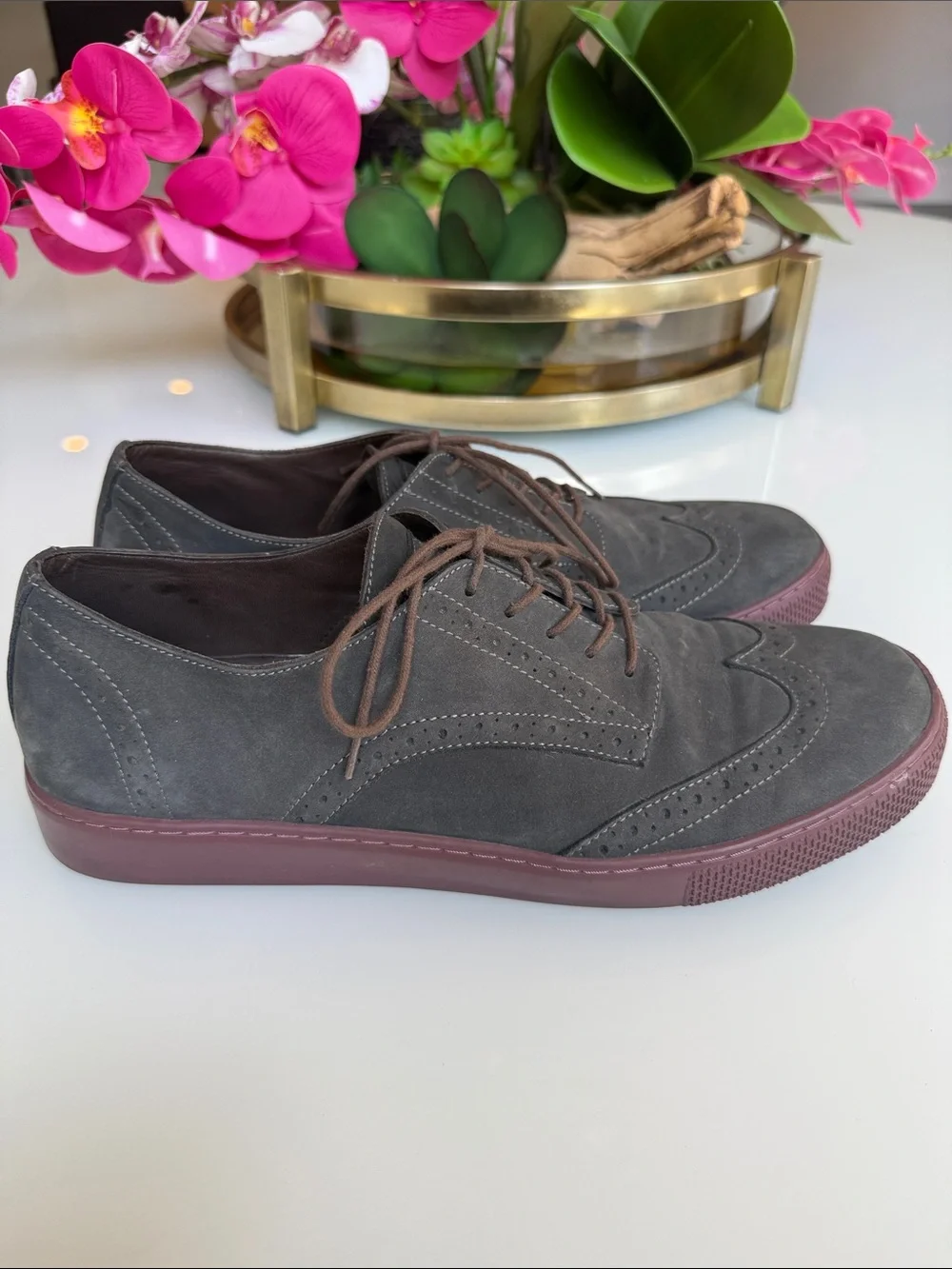Aldo Gray Suede Wingtip Derbys with Burgundy Rubber Sole